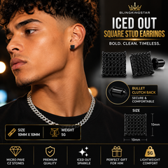 Hip Hop M Square Stud Earrings – AAA+ CZ Mounted Black Iced Out Earrings for Men & Women | Fashion Jewelry