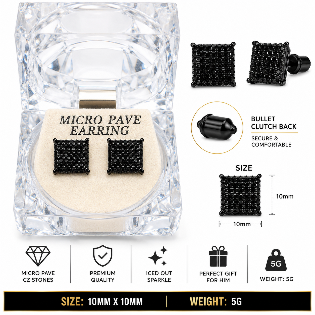 Hip Hop M Square Stud Earrings – AAA+ CZ Mounted Black Iced Out Earrings for Men & Women | Fashion Jewelry