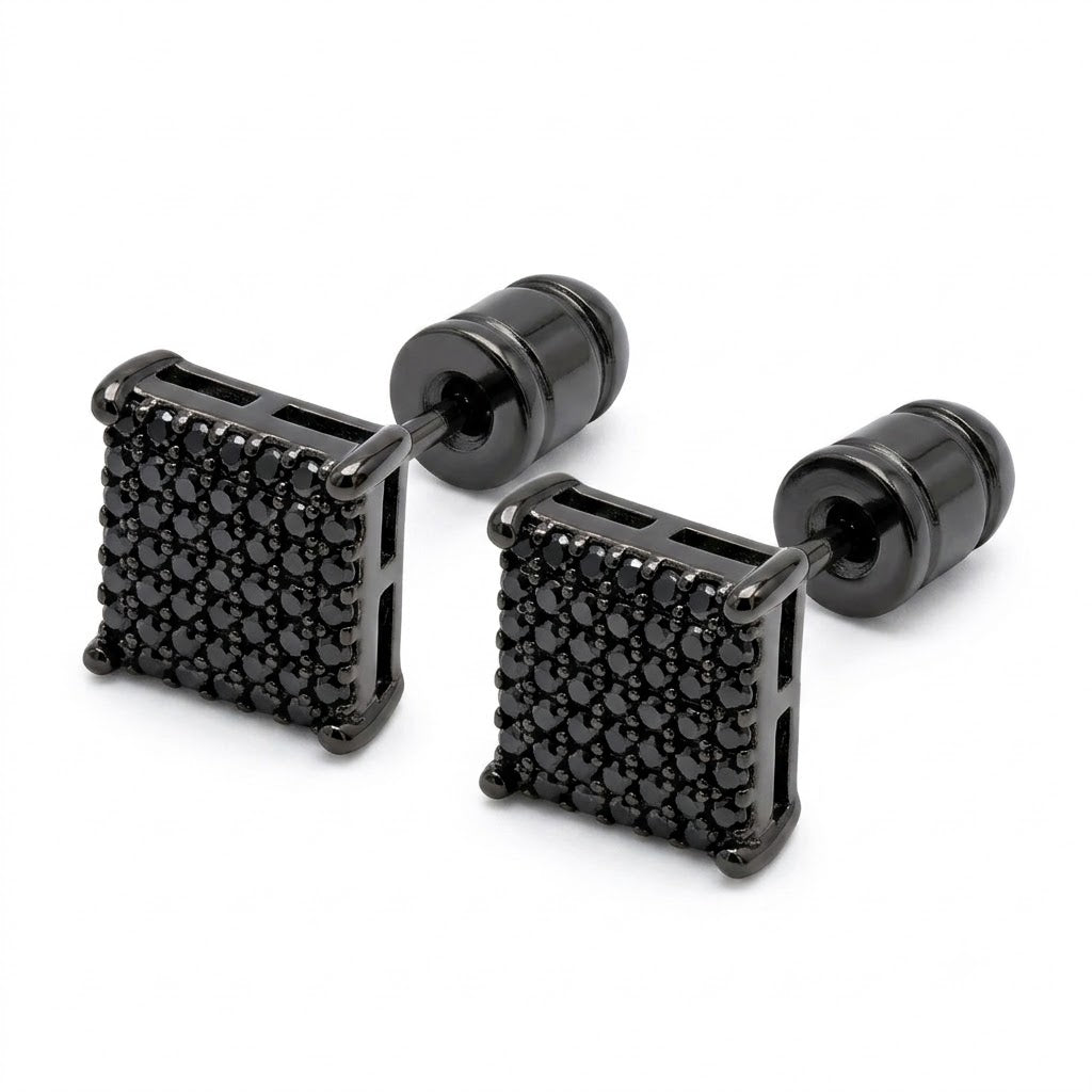 Hip Hop M Square Stud Earrings – AAA+ CZ Mounted Black Iced Out Earrings for Men & Women | Fashion Jewelry