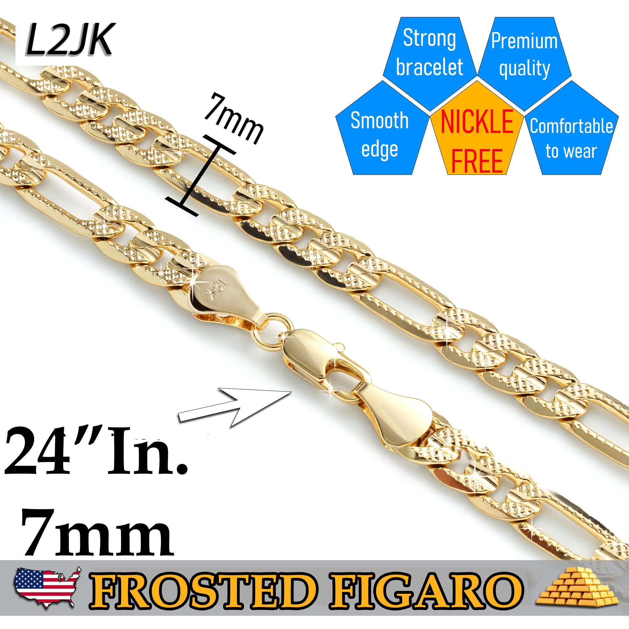 FROSTED 7 MM/24" FIGARO LINK CHAIN NECKLACE 14K REAL GOLD FILLED