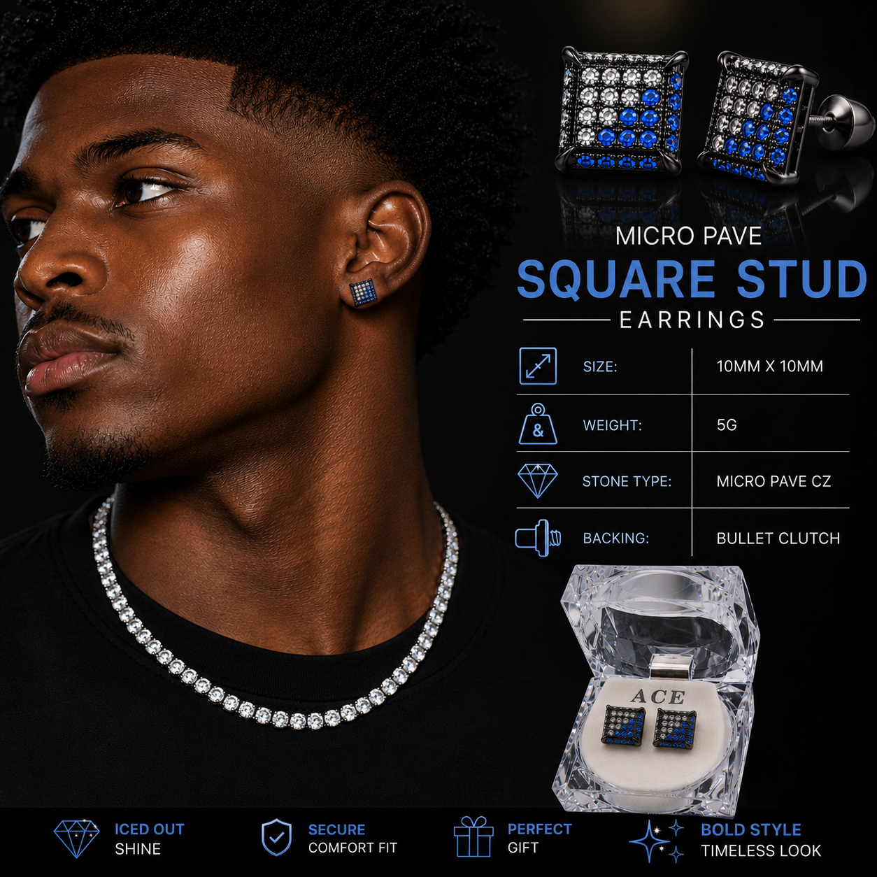 Hip Hop M Square Stud Earrings – AAA+ CZ Mounted Black-clear-blue Iced Out Earrings for Men & Women | Fashion Jewelry