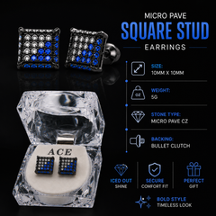 Hip Hop M Square Stud Earrings – AAA+ CZ Mounted Black-clear-blue Iced Out Earrings for Men & Women | Fashion Jewelry