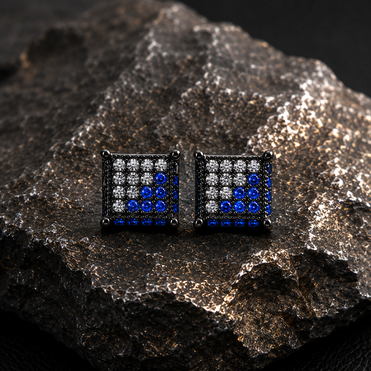 Hip Hop M Square Stud Earrings – AAA+ CZ Mounted Black-clear-blue Iced Out Earrings for Men & Women | Fashion Jewelry