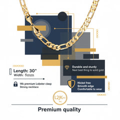 8 MM/30" FIGARO LINK CHAIN NECKLACE SLIM 14K REAL GOLD FILLED