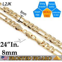 FROSTED 8 MM/24" FIGARO LINK CHAIN NECKLACE 14K REAL GOLD FILLED