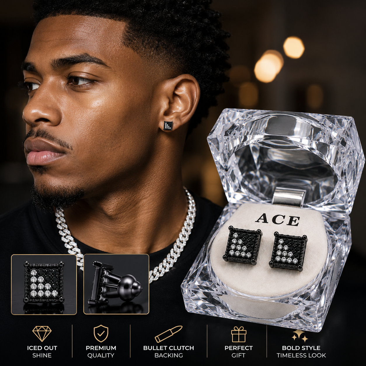 Hip Hop M Square Stud Earrings – AAA+ CZ Mounted Black-clear-black Iced Out Earrings for Men & Women | Fashion Jewelry