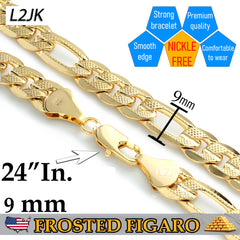 FROSTED 9 MM/24" FIGARO LINK CHAIN NECKLACE 14K REAL GOLD FILLED
