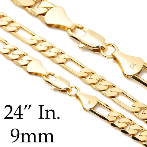 9 MM/24" FIGARO LINK CHAIN NECKLACE 14K REAL GOLD FILLED