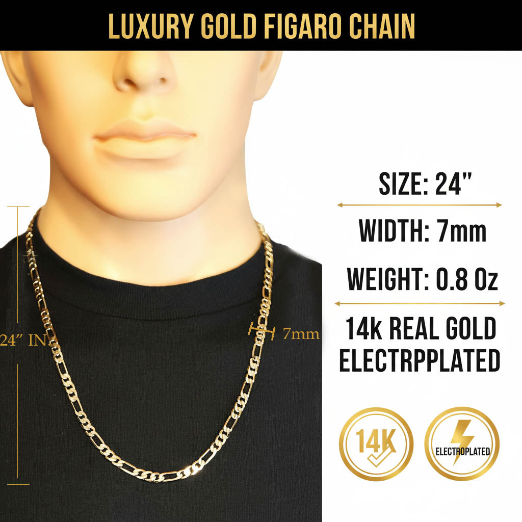 7 MM/24" FIGARO LINK CHAIN NECKLACE 14K REAL GOLD FILLED