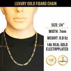7 MM/24" FIGARO LINK CHAIN NECKLACE 14K REAL GOLD FILLED