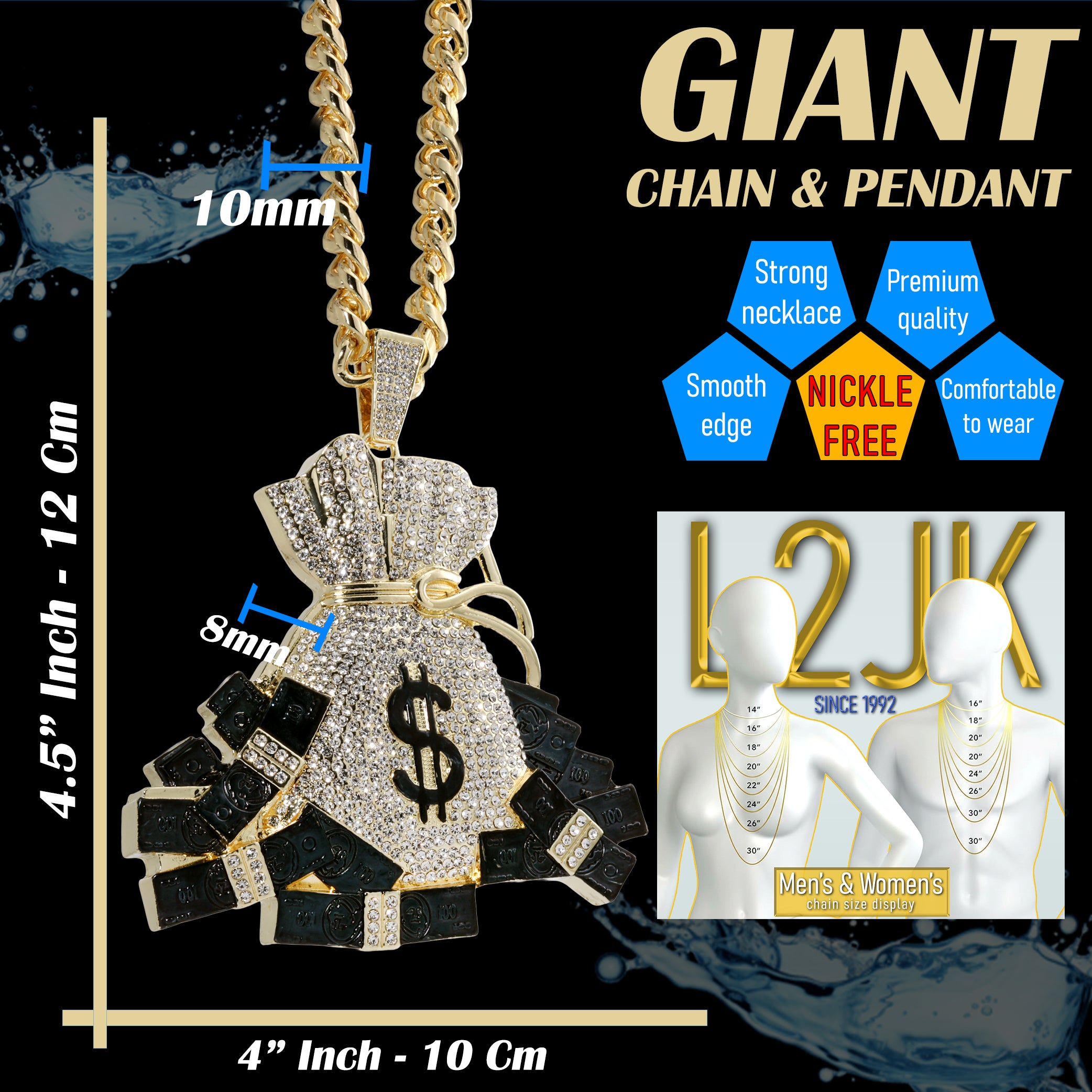 Huge XL - Cash Bag Money Sign Fully Iced | Curb Cuban Necklace Gold Plated