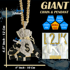 Huge XL - Cash Bag Money Sign Fully Iced | Curb Cuban Necklace Gold Plated