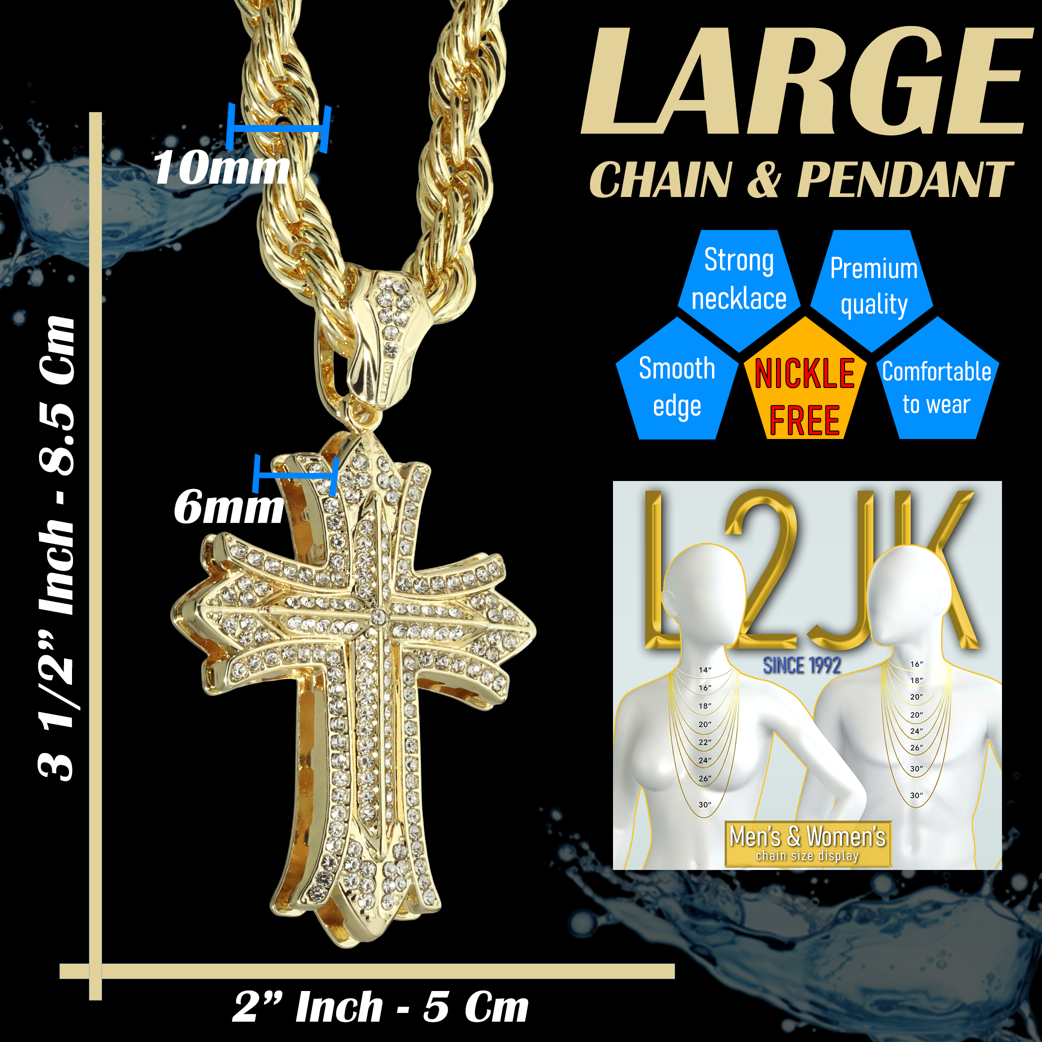 Clover Cross Fully Iced | 14K Rope Necklace Gold Plated 10mm