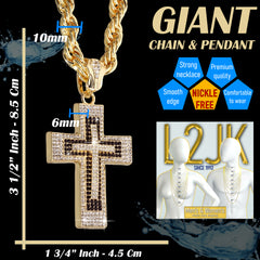 Latin Cross Fully Iced | 14K Rope Necklace Gold Plated 10mm