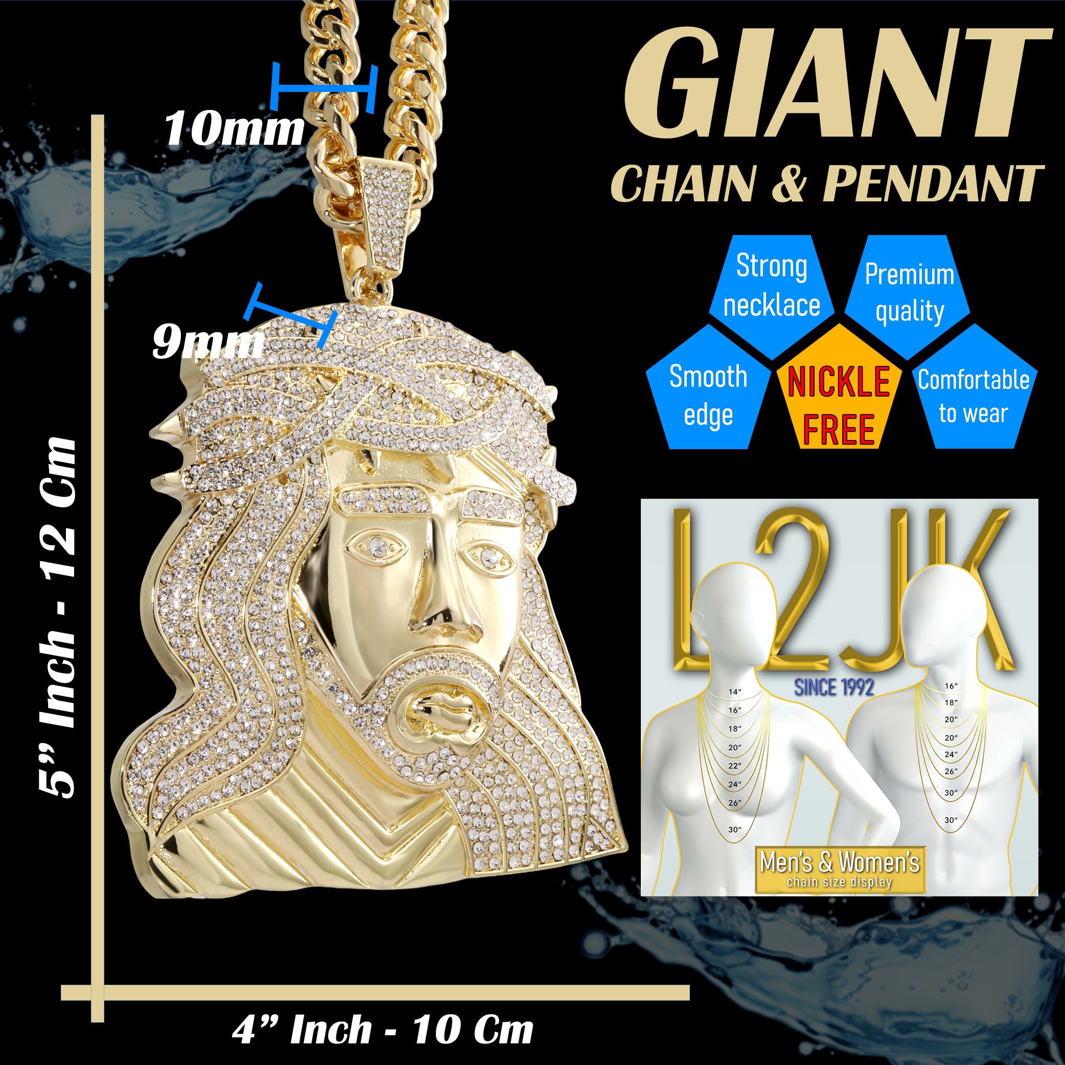 Huge XL - Curly Jesus Face Fully Iced | Curb Cuban Necklace Gold Plated