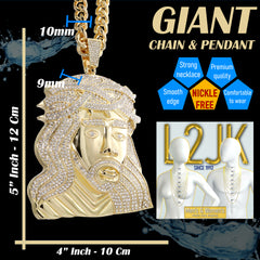 Huge XL - Curly Jesus Face Fully Iced | Curb Cuban Necklace Gold Plated
