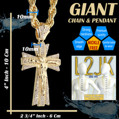 Jesus Clover Cross Fully Iced | 14K Rope Necklace Gold Plated 10mm