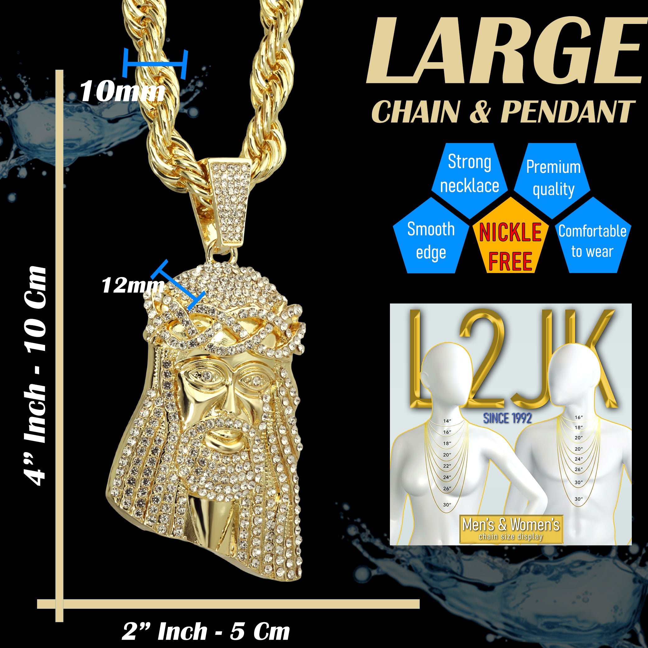 14k Tear Jesus Piece Necklace | 10mm Rope Chain Gold Plated