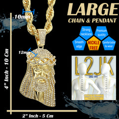 14k Tear Jesus Piece Necklace | 10mm Rope Chain Gold Plated