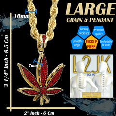 Red Marijuana Leaf Necklace | 10mm Rope Necklace Gold Plated