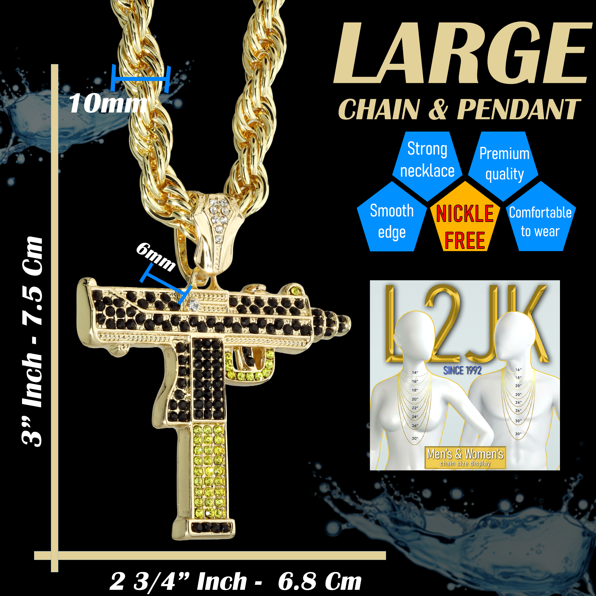 Two Tone Iced Uzi | 14K Rope Necklace Gold Plated 10mm