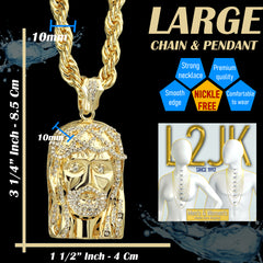 Jesus Piece Fully Iced Beard | 14K Rope Necklace Gold Plated 10mm