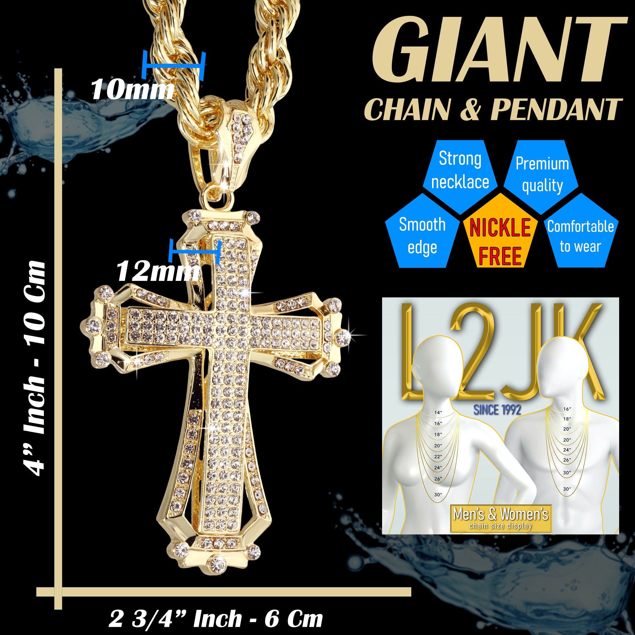 Hollow Cross Fully Iced | 14K Rope Necklace Gold Plated 10mm