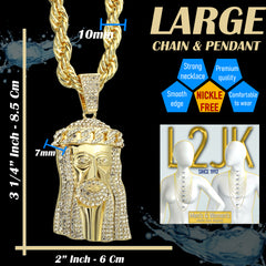 Jesus Piece Fully Iced Cuban Crown | 10mm Rope Necklace Gold Plated