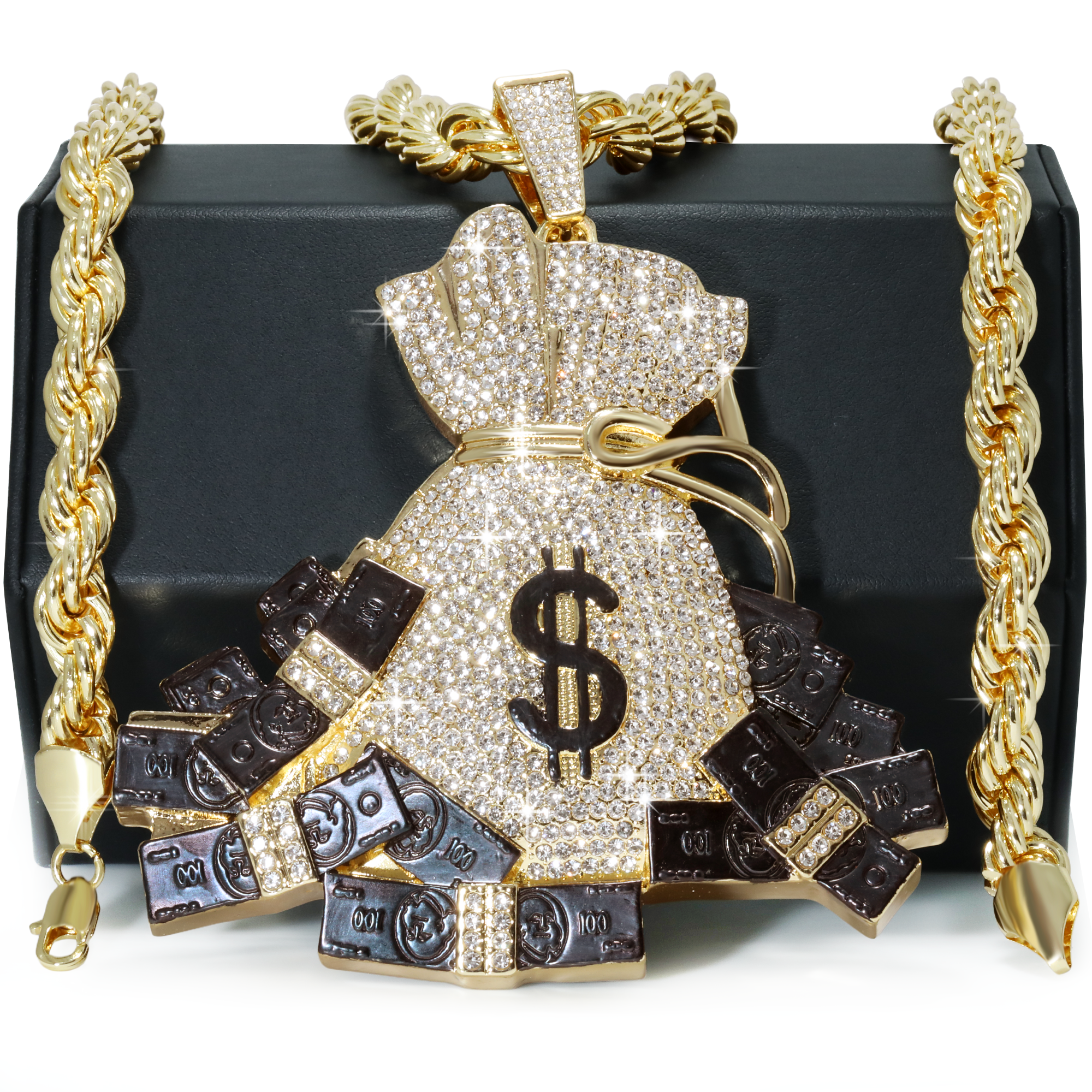 Huge Extra Large "Money Bag" Fully Iced & Rope Chain 14k Gold Plated