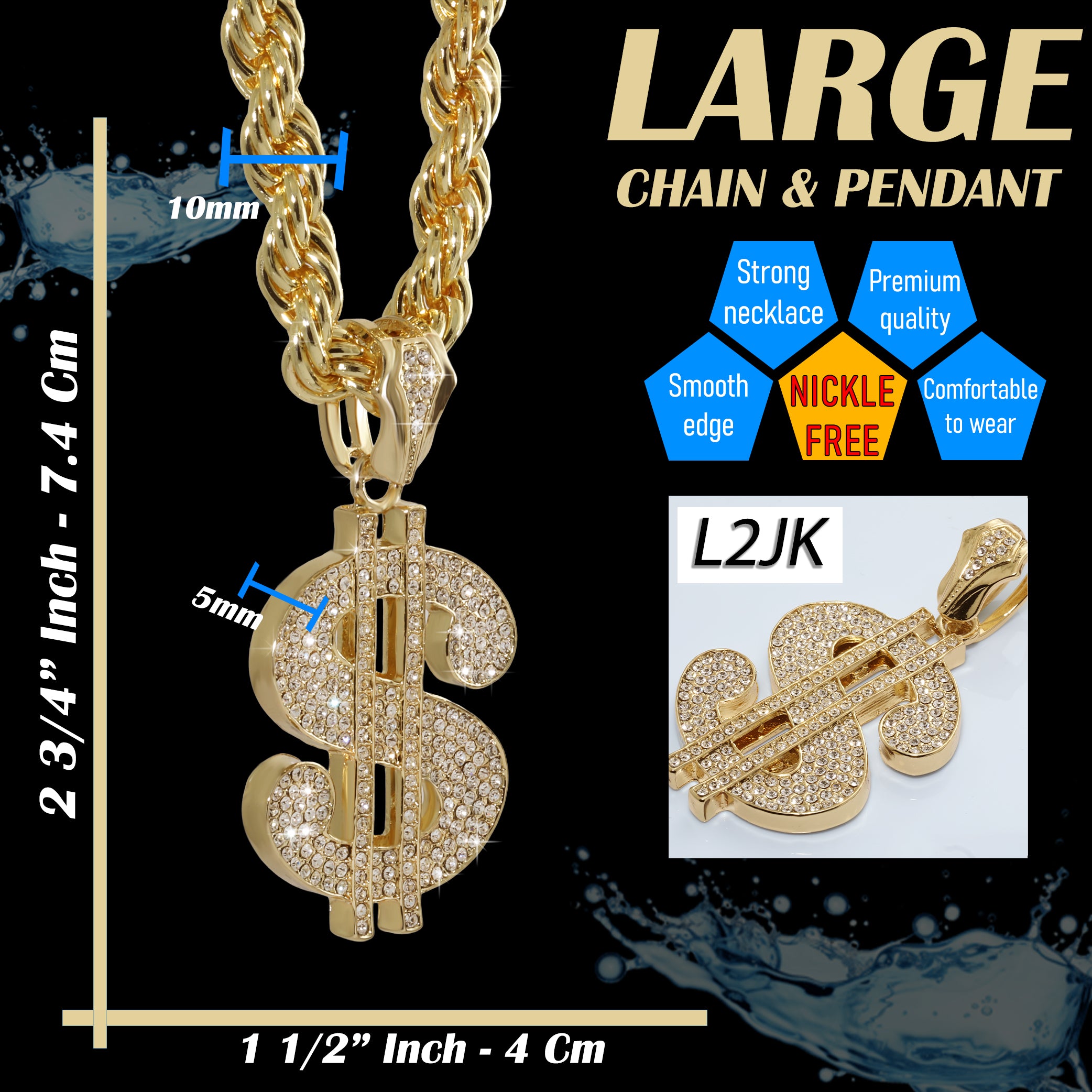 Cash Money Sign Fully Iced | 14K Rope Necklace Gold Plated 10mm