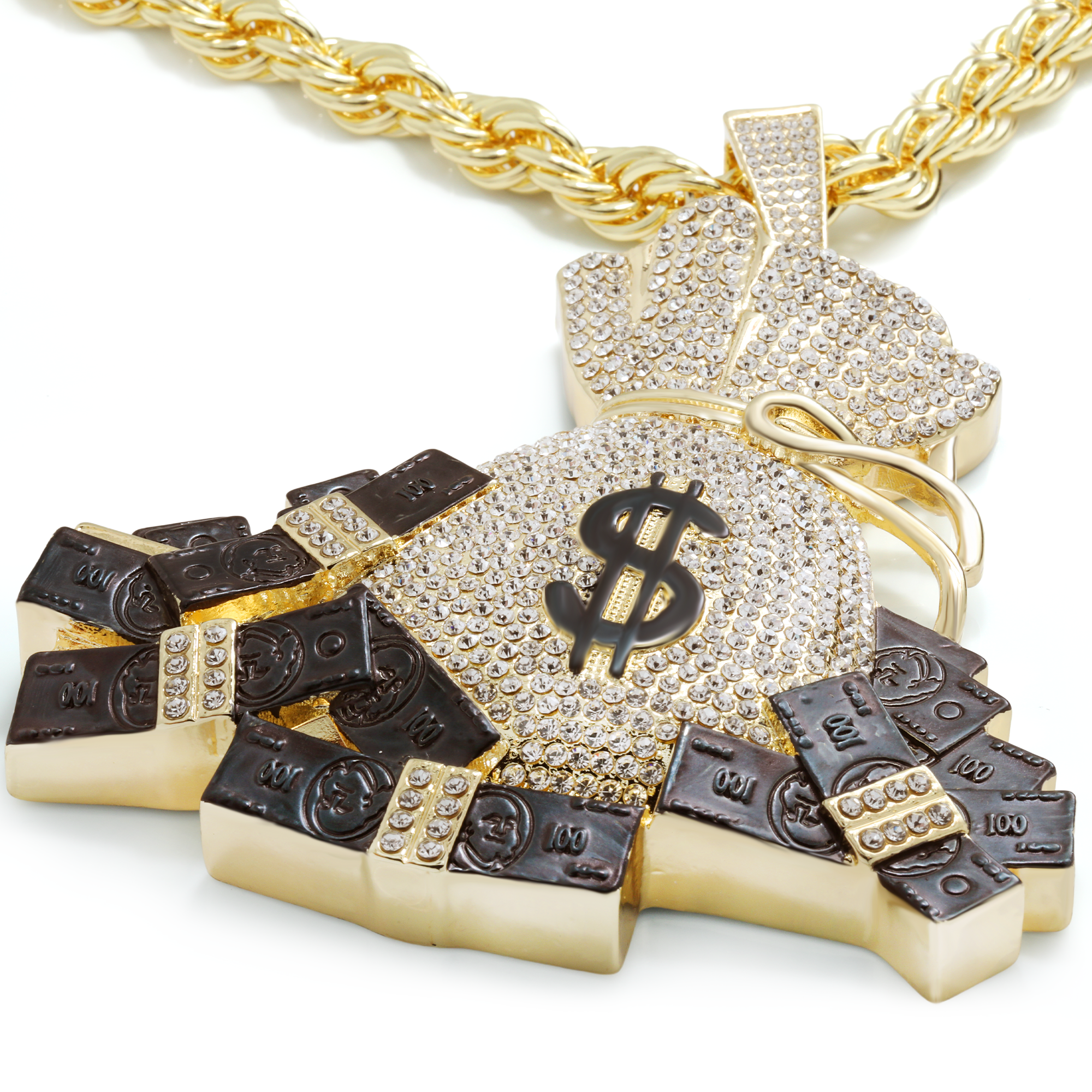 Huge Extra Large "Money Bag" Fully Iced & Rope Chain 14k Gold Plated