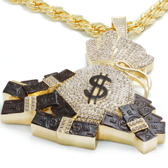 Huge Extra Large "Money Bag" Fully Iced & Rope Chain 14k Gold Plated