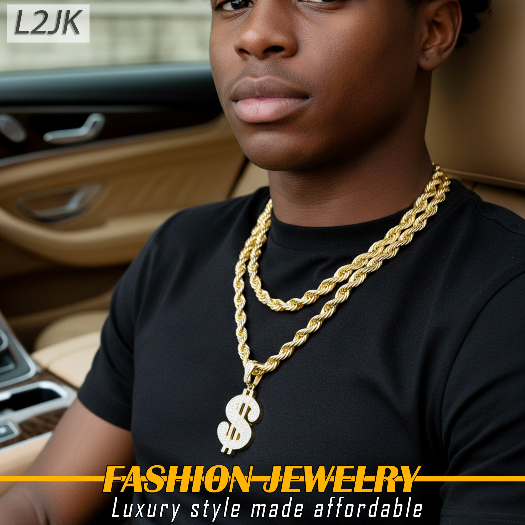 Cash Money Sign Fully Iced | 14K Rope Necklace Gold Plated 10mm