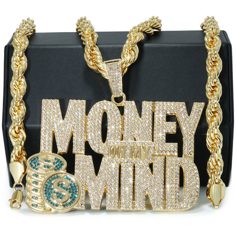 Huge Extra Large "MONEY ON MY MIND" 14k Gold Plated Pendant & Rope Chain