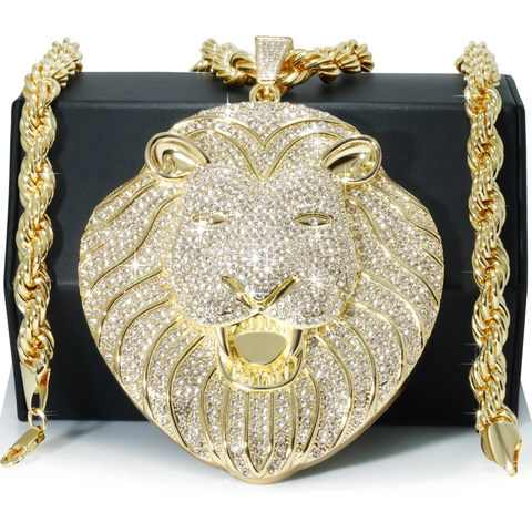 Huge Extra Large "Lion Face" 14k Gold Plated Pendant & Rope Chain