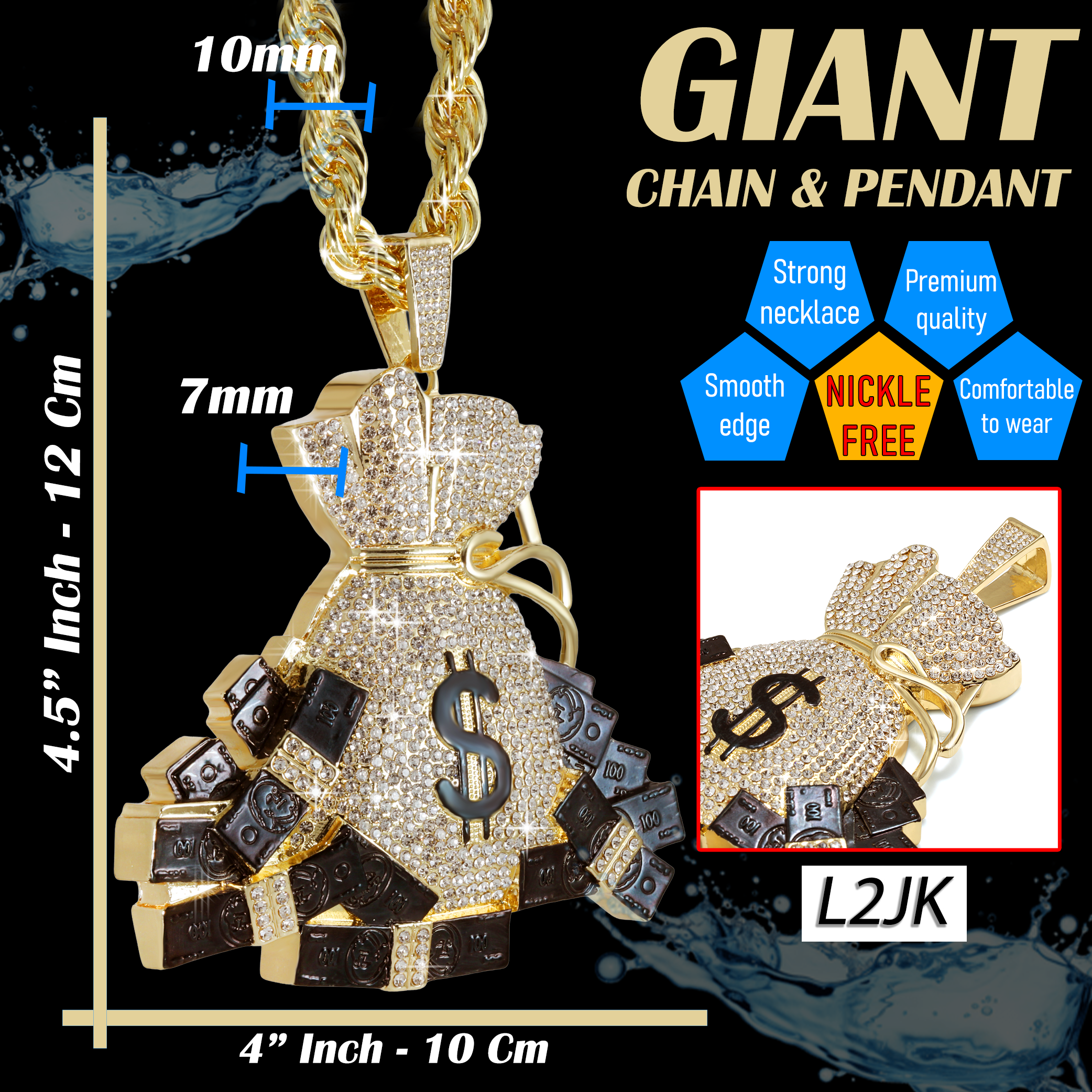 Huge Extra Large "Money Bag" Fully Iced & Rope Chain 14k Gold Plated