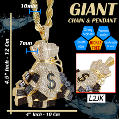 Huge Extra Large "Money Bag" Fully Iced & Rope Chain 14k Gold Plated