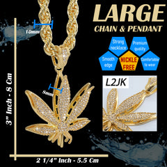 Marijuana Weed Leaf Fully Iced | 14K Rope Necklace Gold Plated 10mm