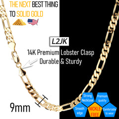9 MM/24" FIGARO LINK CHAIN NECKLACE 14K REAL GOLD FILLED