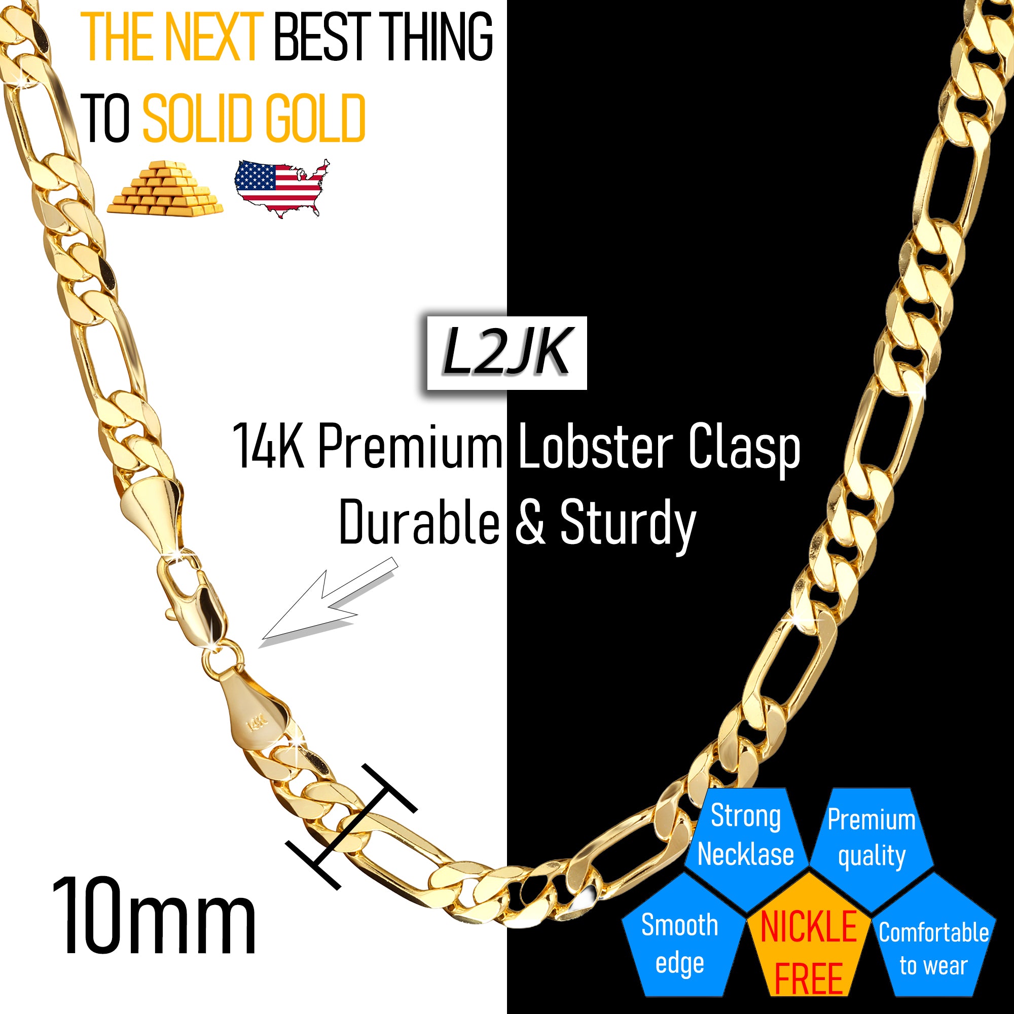 10 MM/24" FIGARO LINK CHAIN NECKLACE 14K REAL GOLD FILLED