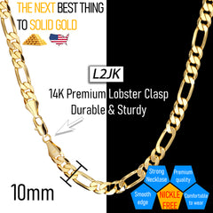 10 MM/24" FIGARO LINK CHAIN NECKLACE 14K REAL GOLD FILLED