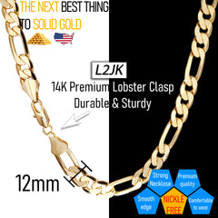 12 MM/24" FIGARO LINK CHAIN NECKLACE 14K REAL GOLD FILLED