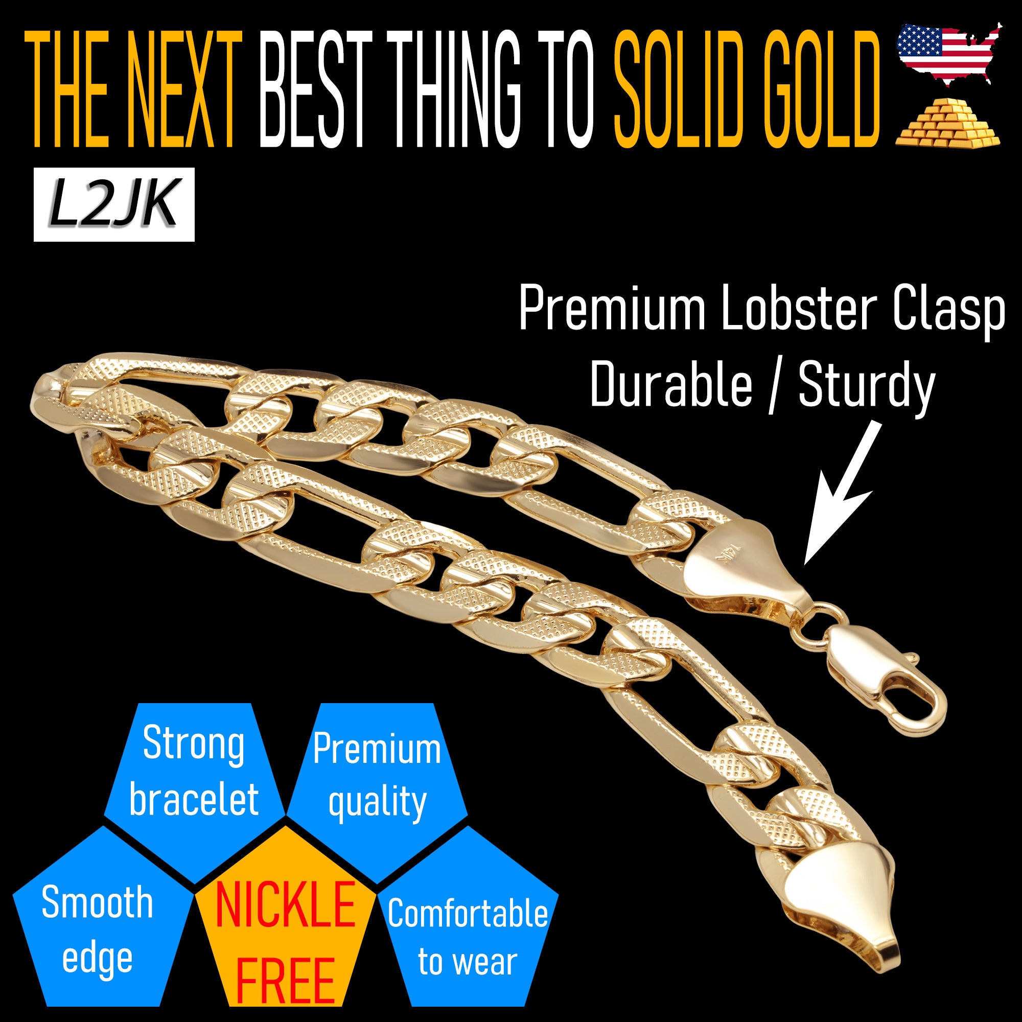 FROSTED 12MM/9"INCHES  14K GOLD FINISH FIGARO LINK BRACELET