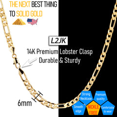 6 MM/18" FIGARO LINK CHAIN NECKLACE SLIM 14K REAL GOLD FILLED