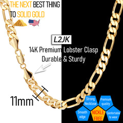 11 MM/24" FIGARO LINK CHAIN NECKLACE 14K REAL GOLD FILLED