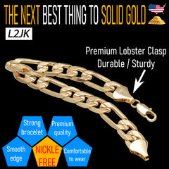 FROSTED 12MM/9"INCHES  14K GOLD FINISH FIGARO LINK BRACELET