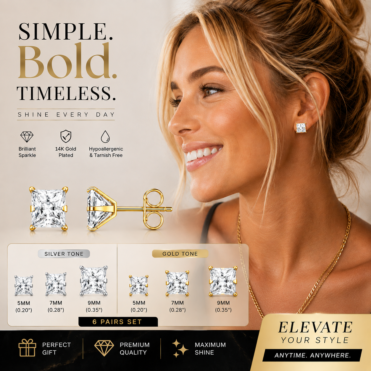 72 Pairs GOLD SQUARE CZ Stud Earrings Set | Hypoallergenic 316L Surgical Steel | 7MM & 9MM Cubic Zirconia Earrings for Men & Women (Copy) (Copy)