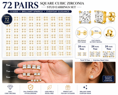 72 Pairs GOLD SQUARE CZ Stud Earrings Set | Hypoallergenic 316L Surgical Steel | 7MM & 9MM Cubic Zirconia Earrings for Men & Women (Copy) (Copy)