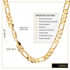 10 MM/30" FIGARO LINK CHAIN NECKLACE SLIM 14K REAL GOLD FILLED