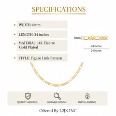 6 MM/24" FIGARO LINK CHAIN NECKLACE 14K REAL GOLD FILLED
